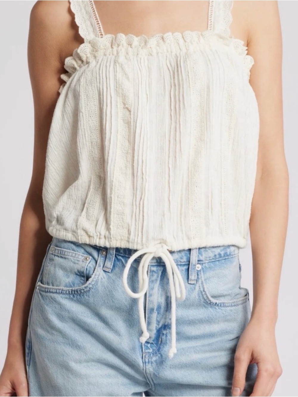 Free People Cream Crochet-Trim Drawstring Tank